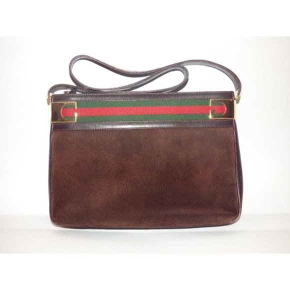 Gucci Vintage Brown Suede Leather Shoulder Bag with Red And Green - Picture 10 of 12